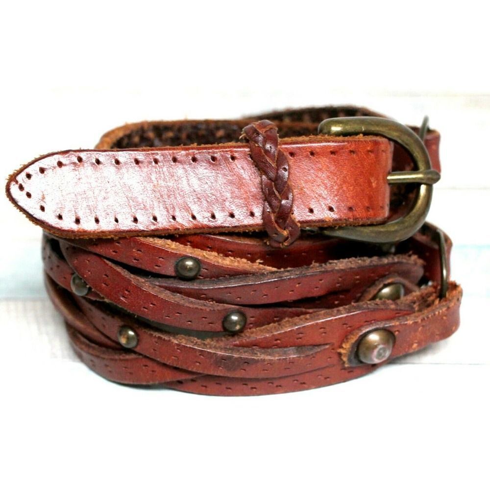 STUDDED BRAIDED BROWN GENUINE LEATHER 0.5"Wd CASUAL DRESS WOMEN'S BELT Sz M (T44